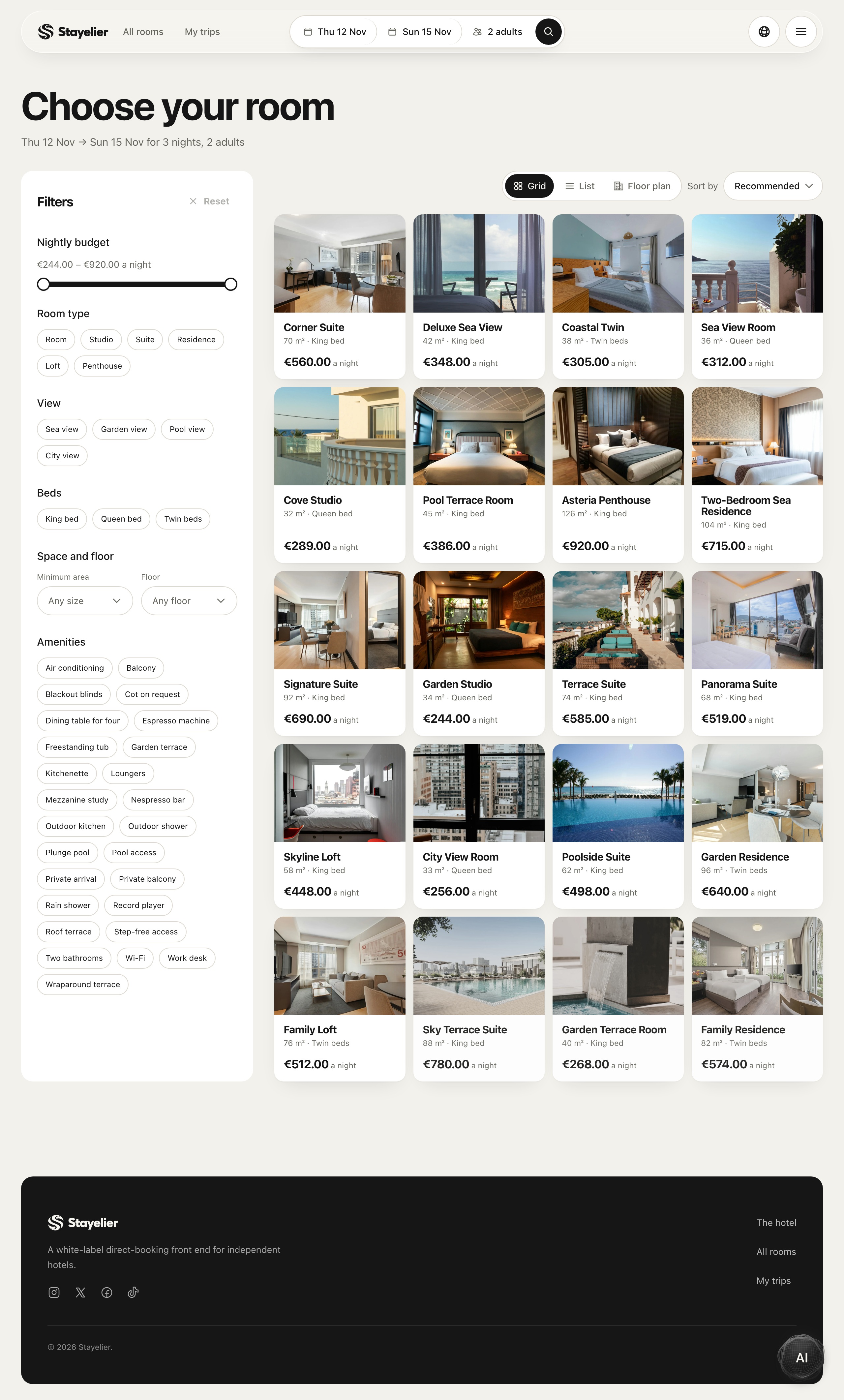 Guest booking catalog with stay dates, room filters and room choices