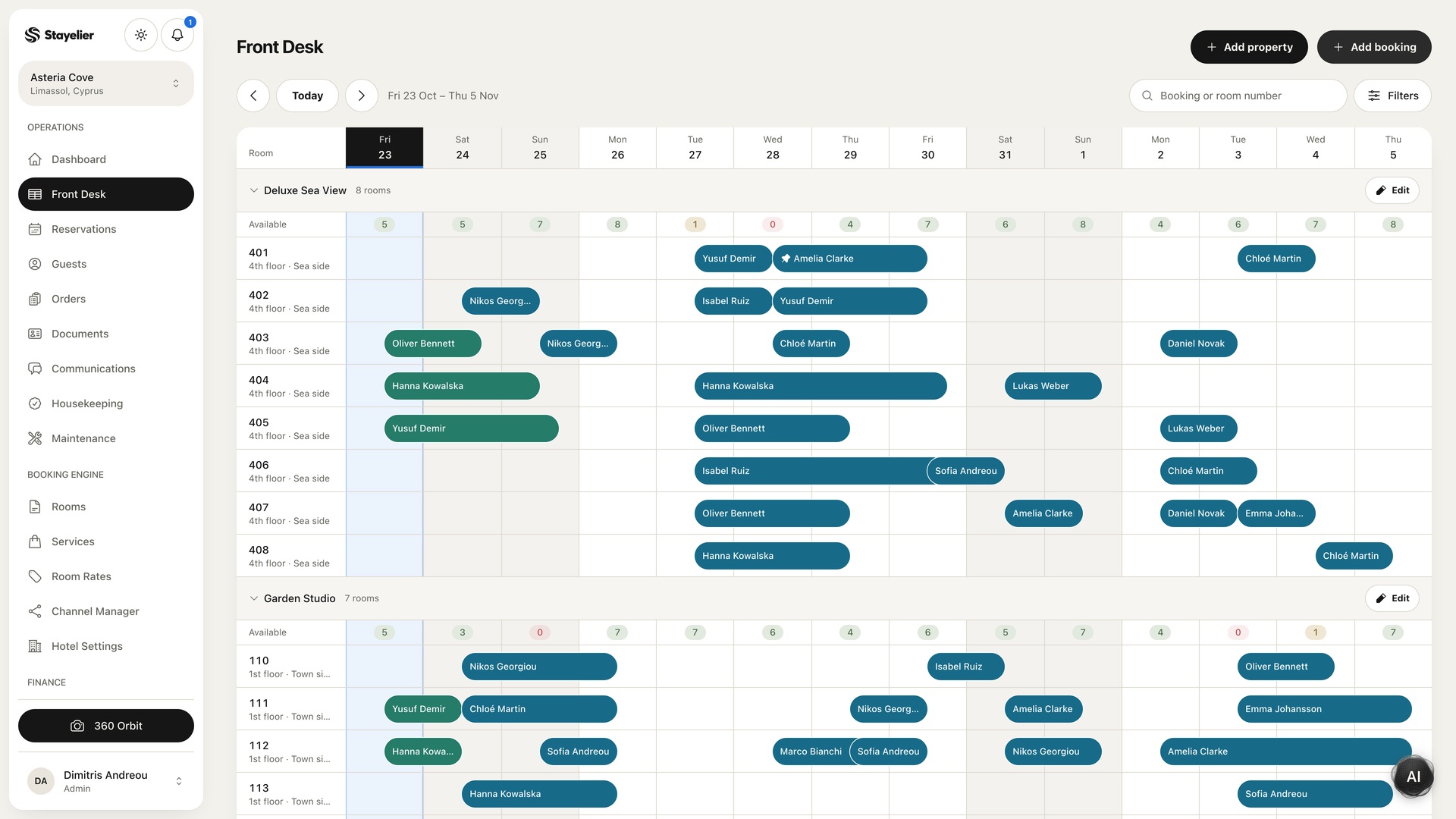 PMS front desk calendar with room assignments and guest stays across dates