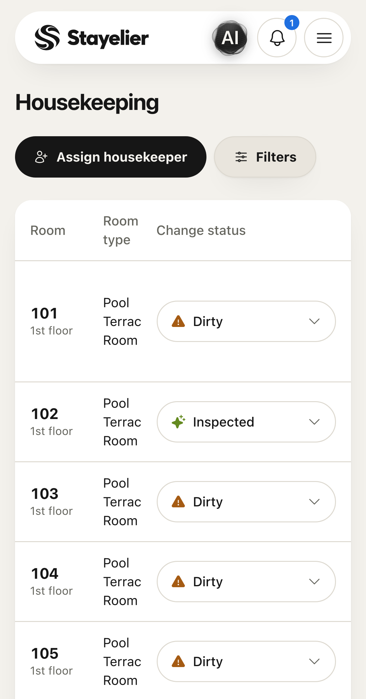 Mobile PMS housekeeping screen with room statuses