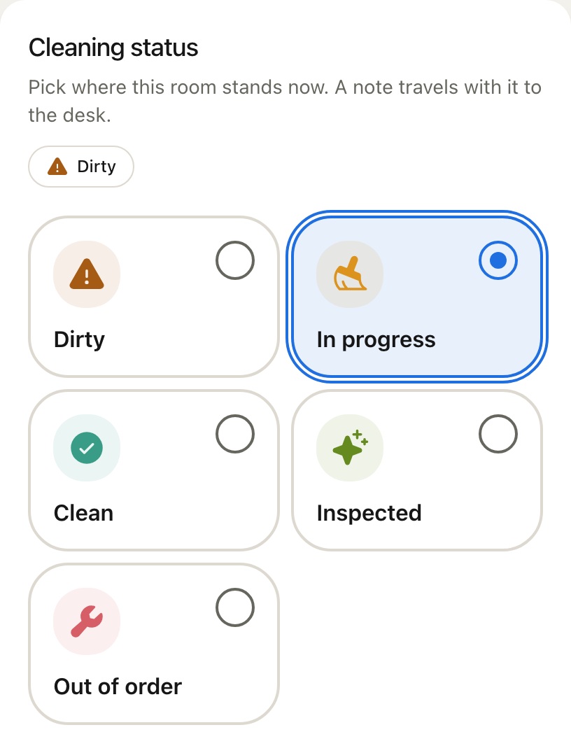 Cleaning status panel with In progress selected among five room statuses