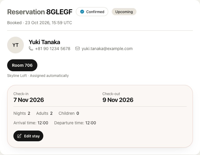 Complete reservation summary with guest, assigned room, stay dates and confirmed status